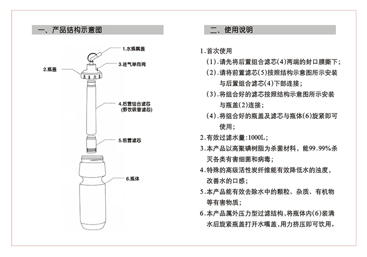 運動型便攜式戶外凈水壺結構圖及使用說明